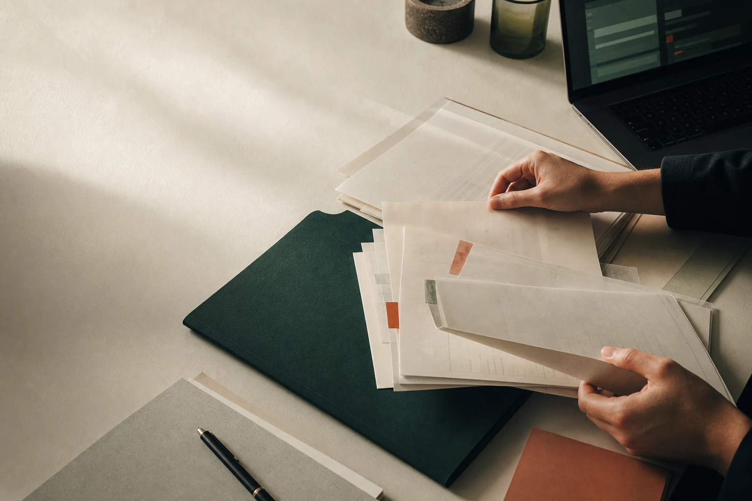 Contemporary legal workspace with organized documents